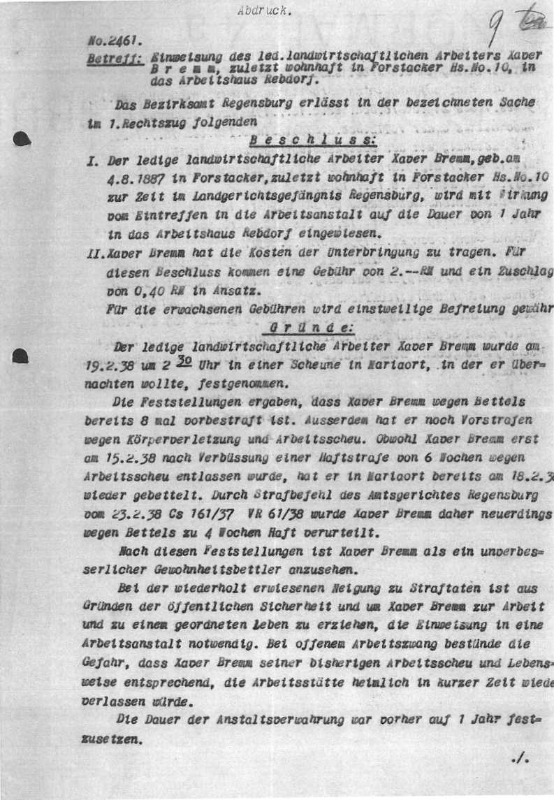 Einweisung von Franz Xaver Bremm in das Arbeitshaus Rebdorf.