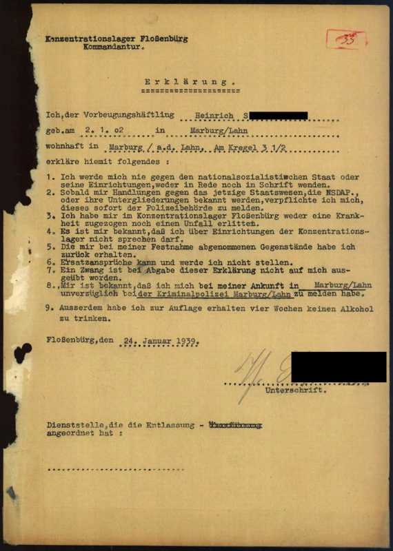 Entlassungserklärung von Heinrich S. gegenüber der Kommandantur in Flossenbürg. Ein Transkript des Dokuments findet sich im nächsten Abschnitt.