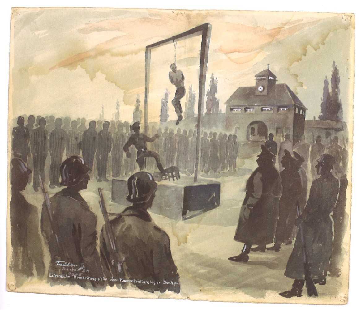 Aquarellzeichnung von Georg Tauber, das sie Erhängung von Häftlingen auf dem Appelplatz zeigt