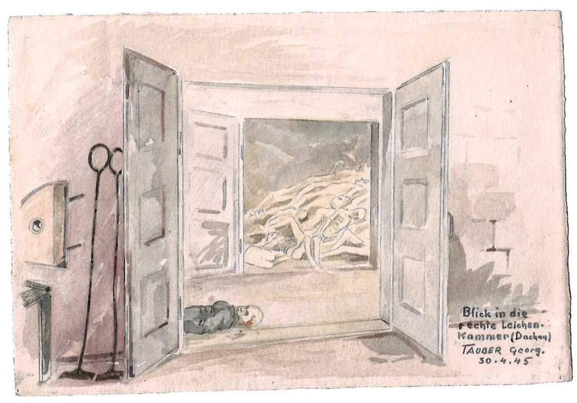 Aquarellzeichnung »Blick in die rechte Leichenkammer (Dachau)« von Georg Tauber