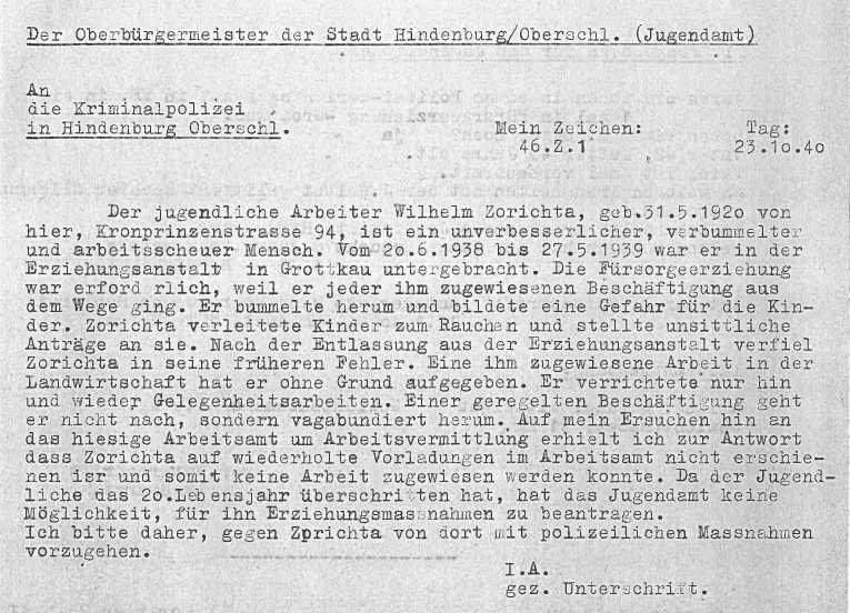 chreiben des Jugendamtes an die Kriminalpolizei, Hindenburg/Oberschlesien