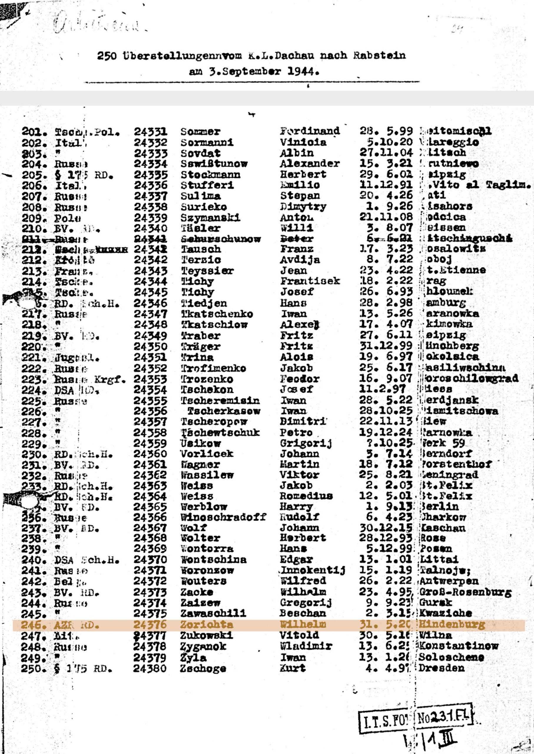 Überstellungsliste aus dem KZ Dachau in das Flossenbürger Außenlager Rabstein