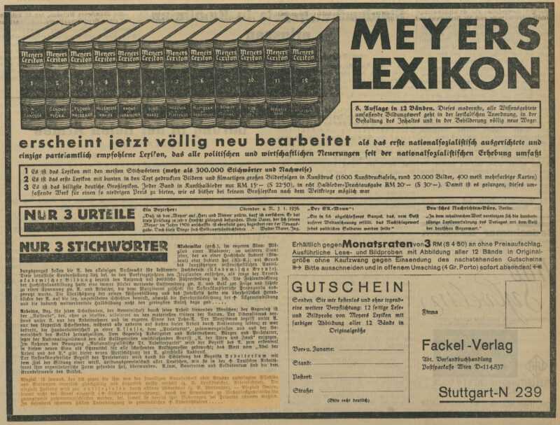 Werbeanzeige von Meyers Lexikon im Völkischen Beobachter, 16. April 1938